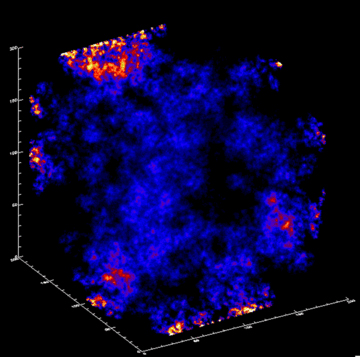 A voxel projection of the 3D density distribution for a density grid with porosity of 80 per cent, corresponding to the lower left-hand panel in Fig. 2.