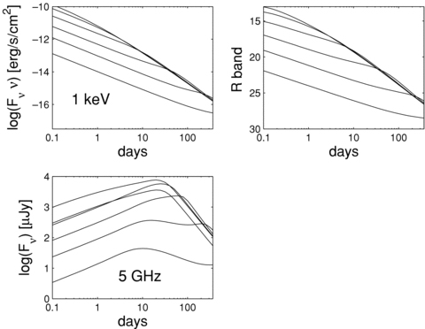 Afterglow light curves for a GRB at z= 1 in X-rays (upper left-hand panel), optical (upper right-hand panel) and radio (lower left-hand panel) bands. For each band, the different curves correspond to different viewing angles. From top to bottom panel, and 90°.