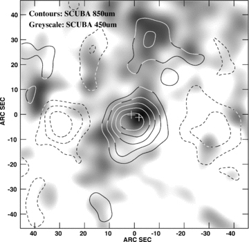 Grey-scale representation of 4C 60.07 observed using SCUBA (Section 2.5) at 450 μm, superimposed with contours of the 850-μm image (shown in its original form by Stevens et al. 2003) plotted at −6, −4, −2, 2, 4, 6, 8, 10 ×σ, where σ is the noise level. The reference beams can be seen, due to the east–west chopping and nodding of the secondary mirror on the JCMT. The positions of the components detected by our SMA imaging, discussed later, are shown as crosses.