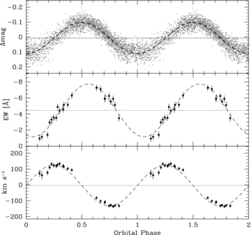 Top panel: the IAC 80 and AIP 70-cm photometry of SDSS J1724+5620 folded over the photometric period of 7.992 4632 ± 0.000 0312 h. Middle panel: the equivalent width variation of the Hα emission line measured from the SDSS spectra of SDSS J1724+5620 (Table 2) folded over the photometric period. Maximum equivalent width occur roughly in phase with the maximum in the light curve (see Section 5.2 for details). Bottom panel: the radial velocity variation of the Hα emission line. The relative phasing with respect to the photometry is consistent with the photometric modulation being caused by irradiation of the secondary star by the hot white dwarf.