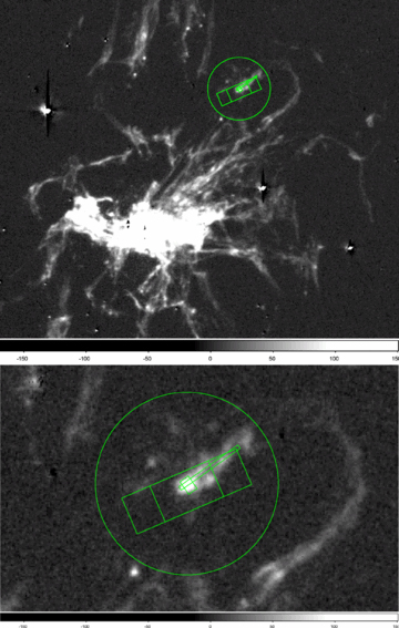 Entrance apertures of the various instruments used to determine the line ratios presented in Table 5 and in the text. Gemini GMOS: long thin rectangle, UKIRT CGS4: small rectangle centred on brightest knot. The two larger overlapping rectangles are the positions of the Spitzer IRS SH aperture. Line fluxes were averaged between these two nod positions. The large circle is the beam of the IRAM (CO 1–0) observations.
