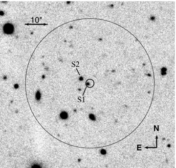 Gemini image, showing the position of the optical afterglow (S1) and the nearby source which was found to contaminate the Swift-XRT data (S2). The large circle is the XRT extraction region (radius 28 arcsec).