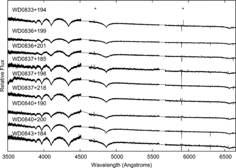 The full median filtered, smoothed, stacked UVES spectra for the nine white dwarfs included in this study. Note the Zeeman-shifted components of the Balmer lines in the spectrum of WD0836+201 (see Fig. 5 for more detail). The asterisks mark artefacts caused by dead pixels in the array. There are also two breaks in the data of width ∼80 Å at 4580 and 5640 Å caused by the edges of the CCDs.