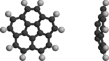 Structure of the corannulene molecule (C20H10). The central pentagonal carbon ring determines the bowl-shaped structure of the molecule, with a permanent dipole moment of 2.07 D along the symmetry axis.