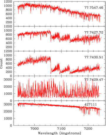 Sample spectra from the VLT. Top panel: the spectrum of an O-rich program star with no TiO bands. Second panel: a program star with weak TiO bands. Third panel: a program star with strong TiO bands. Fourth panel: a C-rich program star. Bottom panel: a telluric star. Program stars are identified by their MACHO numbers. Note the different scale of the y-axis in the lower two panels.