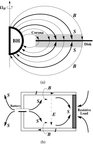 (a) A magnetosphere with closed field lines connecting a spinning BH with its surrounding disc is shown in the upper panel, where the thin and thick arrows represent the closed magnetic field and the Poynting energy flux, respectively. (b) A steady circuit is shown in the lower panel, where the thin and dot–dashed arrows represent magnetic and electric fields, respectively. The thick solid and thin dotted arrows represent the Poynting energy flux and the current in the circuit, respectively.
