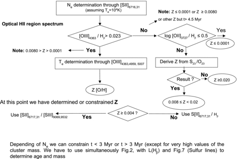 Flow diagram to unveil the ionizing cluster physical properties through the gas optical emission-line spectrum