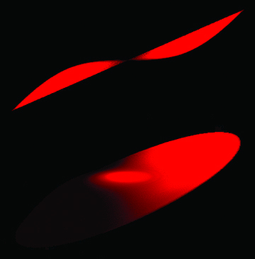We show here a representative disc shape in three-dimensions for Model 1b. The image was generated using the graphics package povray. The top image is the XZ profile of the 100 au disc, viewed and illuminated from (0, −200, 0). The second image is the same disc but viewed from (0, −200, 50), and illuminated from (0, 5, 0). Because the path of the perturber lies in the XZ-plane, each disc annulus is tilted about the Y-axis. Thus the disc is warped but not twisted.