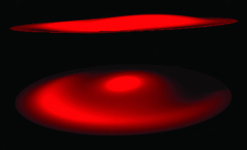 We show here a representative disc shape in three-dimensions for Model 2. The image was generated using the graphics package povray. The top image is the XZ profile of the 100 au disc, viewed and illuminated from (0, −200, 0). The second image is the same disc but viewed from (0, −200, 50), and illuminated from (0, 5, 0). Because the path of the perturber is not perpendicular to the unperturbed disc, the individual disc annuli are tilted about different axes in the XY-plane. This means that the shape of the disc is twisted about the Z-axis. The central region is tilted in one plane and the outer rings are slowly twisted away from this plane, producing the shadowing effects.