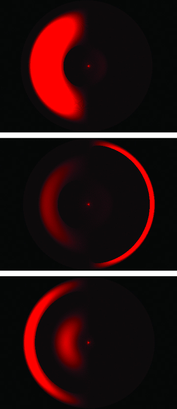 Some examples of the complicated illumination profiles that arise due to the self-shadowing as the warp propagates through the disc. Note that the characteristic property of an illuminated warp is that the disc surface brightness is lop-sided with respect to the central star. The images were generated by the graphics package povray, with the source of illumination on the central stars surface. The discs here have a radius of 100 au.