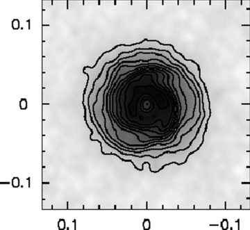 Simulated 345-GHz aperture synthesis image of a disc at 410 pc, with a transit duration of 2 h. Contours start at and are spaced by 60 mJy beam−1. Clear asymmetries are present, but the underlying spiral structure is not well resolved.
