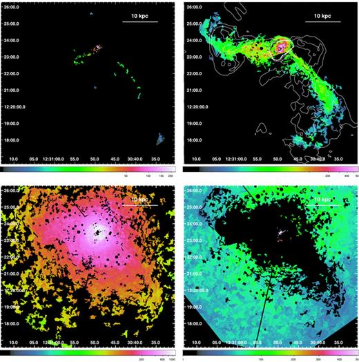 Spatial distribution of the emission measure, (in 1058 cm−3 arcsec−2), of the 0.5 keV (upper left), 1.0 keV (upper right), 2.0 keV (bottom left) and 3.0 keV (bottom right) plasma detected at 99.7 per cent confidence. On the upper-right panel, we overplotted the contours of the 90 cm radio image (Owen et al. 2000). All the panels show the same 10.45 × 9.75 arcmin2 field. For a zoomed in version of the spatial distribution of 0.5 keV plasma in the core see the right-hand panel of Fig. 4.