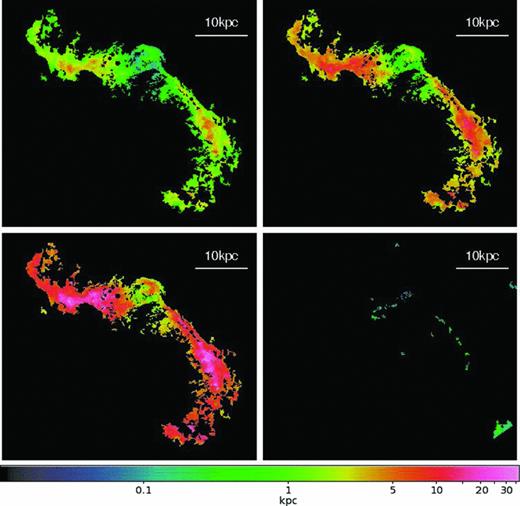 Maps of the line-of-sight depths in kpc for the emitting volumes of 1 keV plasma for orientation angles of 90° (top-left panel), 30° (top-right panel) and 15° (bottom-left panel) from our line-of-sight. The map on the bottom-right panel shows the line-of-sight depth distribution of the 0.5 keV component for an orientation angle of 30° from our line-of-sight. All the panels show the same 10.36 × 9.25 arcmin2 field.
