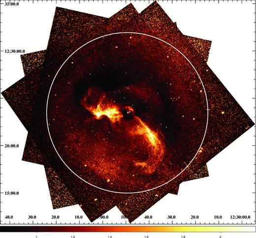 Exposure-corrected, flat-fielded, surface brightness image of the central regions of the Virgo Cluster divided by the best-fitting, radially symmetric double-β model in the 0.6–2.0 keV energy band and smoothed with a 2 arcsec Gaussian. Unity represents locations where the data are equal to the model. This image uses only the ACIS-I data taken in 2005. The white circle represents the outer extent of the thermodynamic maps presented in Figs 2–5 (radius 8.5 arcmin or ∼40 kpc).