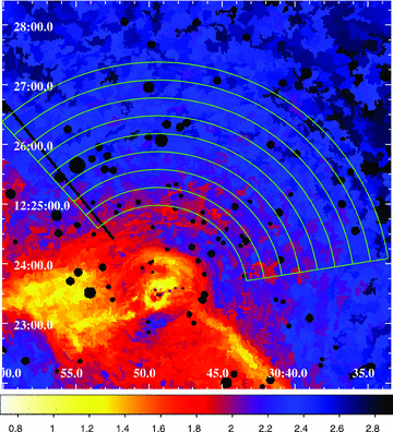6.5 × 6.5 arcmin2 section of the temperature map made with regions that contain ∼2500 net counts. The eight partial annuli used in the analysis are overplotted in green. The average error per bin is ∼5 per cent in temperature.
