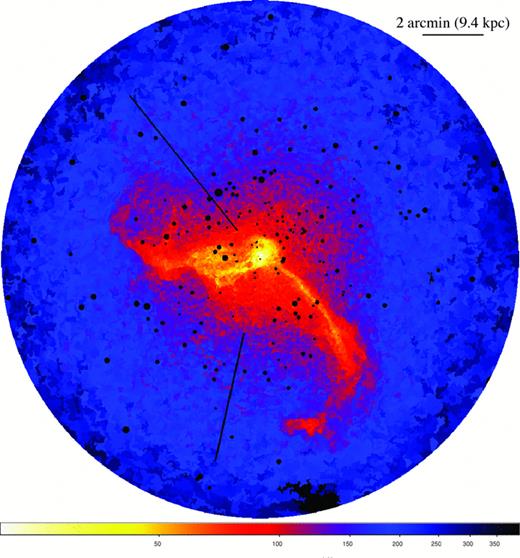Entropy map of M87 in units of . Other details are as for Fig. 3.