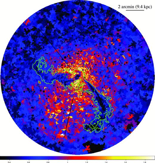 Metallicity map in solar units. Abundances are with respect to the proto-solar values of Lodders (2003). Regions contain at least 2500 net counts each. This results in statistical uncertainties of ∼15 per cent per region. Regions inside the green contours contain significant 1 keV emission (see Fig. 2; Paper II) and are modelled improperly by a single-temperature plasma. As a result, the metallicity in these regions is significantly underestimated (e.g. Buote 2000; Simionescu et al. 2008; Werner et al. 2008). Other details are as for Fig. 2.