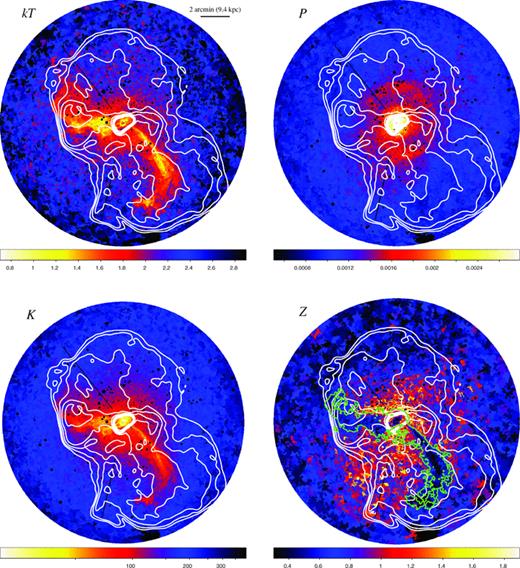 Temperature (kT), pressure (P), entropy (K) and metallicity (Z) maps with the 90 cm radio contours from Owen et al. (2000) overplotted. Other details are as for Figs 2–5.