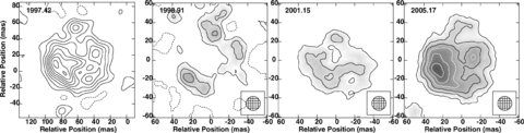 Contour and grey-scale images of the source 44.01+59.6 from the three global VLBI epochs, restored with a 15 mas beam. Contours are plotted at −1, 1, 2, 3, 4, 5, 6, 7, 8, 9, 10 × 0.1 mJy beam−1.