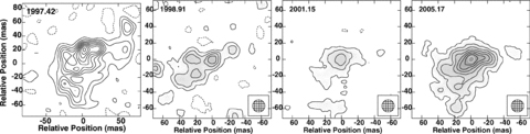 Grey-scale and contour image of 45.17+65.3 from the EVN (1997) and global VLBI epochs, restored with a 15 mas beam.