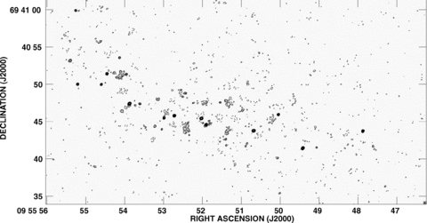 A MERLIN 1.7 GHz contour image of M82 from the observations presented here, restored with a 130 mas beam, which is plotted in the bottom right-hand corner. The contours are plotted at −1, 1, 2, 4, 6, 8, 10, 12, 14, 16, 18, 20, 25, 30, 35, 40 × 250 μ Jy beam−1.