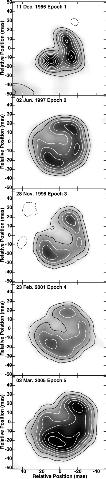 Contour and grey-scale images of the SNR 43.31+59.2 from all five epochs of 1.4 GHz (first epoch only) and 1.7 GHz observations. Each image is restored with a 15 mas beam. Contours are plotted at −1, 1, 2, 3, 4, 5, 6, 7, 8, 9, 10 × 0.35 mJy beam−1 for the EVN observations and ×0.2 mJy beam−1. The grey-scale is linear ranging from 0.1 to 2.2 mJy beam−1 for the EVN epochs and from 0.1 to 1.2 mJy beam−1 for the global VLBI epochs.