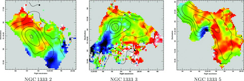 SCUBA 850-μm clumps identified with clfind containing significant velocity gradients, in NGC 1333, IC 348 and L1448. The colour-scale denotes the C18O J = 3 → 2 line centre velocity, linearly scaled from the clump minimum (blue/black) to maximum (red/white). Contours of 850-μm flux density are overlaid (black) at 100, 200, 400, 800, 1600 and 3200 mJy beam−1. A white/black circle marks the position of the clump peak emission with a white line positioned to show the direction of the fitted velocity gradient. The full version of this figure is available as Supporting Information to the online version of this article.