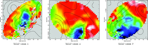 SCUBA 850 μm clumps identified with gaussclumps containing significant velocity gradients, in NGC1333, IC 348 and L1448. The colour-scale denotes the C18O J = 3 → 2 line centre velocity, linearly scaled from the clump minimum (blue/black) to maximum (red/white). Contours of 850-μm flux density are overlaid (black) at 100, 200, 400, 800, 1600 and 3200 mJy beam−1. A white/black circle marks the position of the clump peak emission with a white line positioned to show the direction of the fitted velocity gradient. The full version of this figure is available as Supporting Information to the online version of this article.