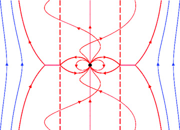 The magnetic field of a rotating dipole embedded inside a uniform external magnetic field of the same polarity. The discontinuity of the toroidal component of the magnetic field on the separatrix leads to the formation of a current sheet. Unlike Fig. 3 the combination of the fields and rotation velocity is such that the light cylinder occurs near the star. In this case a sheet current forms on the equator.