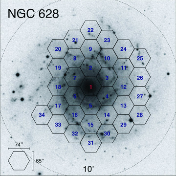 B-band Digital Sky Survey image of NGC 628. The mosaic of the PPAK pointings is shown as overlaid hexagons indicating the FOV of the central fibre bundle. The identification number of each pointing is indicated, as listed in Table 1. The circle indicates the D25 radius (in the B band). The image is 10 × 10 arcmin2 and it is displayed in top-north, left-east standard configuration.
