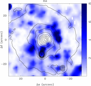 Zoom of the central ±30 arcsec region of the pure Hα emission-line map of NGC 628 calculated from the IFS shown in the previous figure. The contour plots show the continuum emission in the same region. The ionized ring described by Wakker & Adler (1995), and confirmed by Ganda et al. (2006) and Fathi07 is clearly seen.