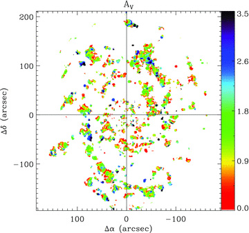 Dust attenuation map of the ionized gas (AV), derived by comparing the measured Hα/Hβ line ratio map with the expected value for case B recombination, assuming a homogeneous distribution of the electron density and temperature, and the attenuation law by Cardelli et al. (1989). The regions without accurate measurements of either emission lines were masked.