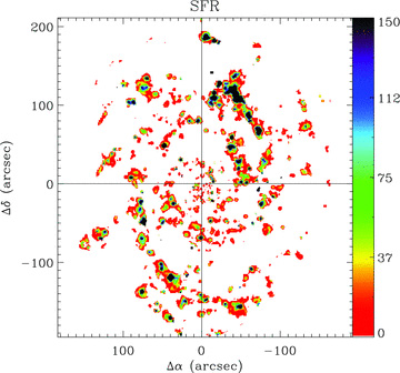 Surface SFR in units of 10−5 M⊙ yr−1, derived from the Hα line intensity map shown in Fig. 10, after correcting by dust attenuation. This map traces the distribution of the ionized gas, not the young stars, which form much more compact structures than the ones shown in the figure.