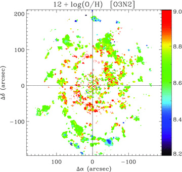 Oxygen abundance map of NGC 628 derived by applying the O3N2 calibrator (Pettini & Pagel 2004) to the emission-line maps of the galaxy. The figure shows a clear gradient in metallicity, with more abundant regions in the inner part of the galaxy.