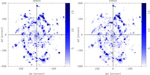 Left-hand panel: reconstructed, continuum-subtracted Hα narrow-band image of NGC 628 obtained after interpolating the aperture photometry extraction of the SINGS narrow-band image at the location of the mosaic fibres as in Fig. 4. Right-hand panel: pure Hα emission-line map of NGC 628 calculated from the IFS mosaic in units of 10−16 erg s−1 cm−2 arcsec−2. No correction for dust extinction was applied to the map. All morphological structures of the galaxy are completely reproduced in the IFS image.