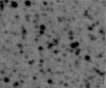 UVOT 1853 s v band 130 × 100 arcsec2 (MJD 55130–55138) image with XRT 1σ error circle marked along with optical sources A and B.
