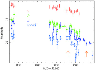 UVOT v (crosses), b (triangles), u (squares) and uw1 (circles with 3σ limits) band light curves for source A, which show variability; dimming by 1 mag or more from the start to the end of observations. The up-pointing arrows signify the dates between which the source is transitioning from the soft state to the late, hard state (MJD 55280, 55328).