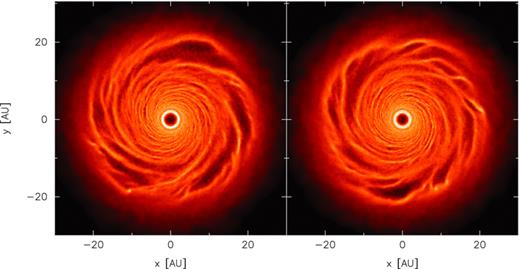 Surface mass density rendered image of the first fragments forming in the simulations using a decreasing Toomre stability profile (simulation Benchmark4, left-hand image) and a disc set up with a flat Q profile with Q = 2 (simulation Benchmark5, right-hand image). The discs were run with β = 5. In both cases, the discs first fragment at Rf≈ 20 au confirming that the initial temperature profile does not play a part in the evolution of the discs. The colour scale is a logarithmic scale ranging from log Σ=− 7 (dark) to −3 (light) M⊙ au−2.