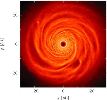 Surface density rendered image of the fragmenting disc in simulation Benchmark7 with an initial flat Q profile with Q = 1. The simulation was run with β = 5. Despite the initial disc being in a state of marginal stability such that, in theory, any part of the disc may fragment, the disc only fragments in the outer regions. The colour scale is a logarithmic scale ranging from log Σ=− 8 (dark) to −3 (light) M⊙ au−2.