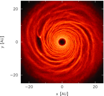 Surface mass density rendered image of the fragmenting disc with initial surface mass density profile Σ∝R−1. The simulation (Reference-beta5.5) used β = 5.5. The fragment forms in the outer regions of the disc, confirming the analytical predictions in Section 2. The colour scale is a logarithmic scale ranging from log Σ=− 6 (dark) to −3 (light) M⊙ au−2.