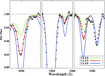 The Ca ii 5019, 5285, and 5307 Å regions showing a comparison of the observed spectrum versus the synthetic spectra for three Ca abundances.