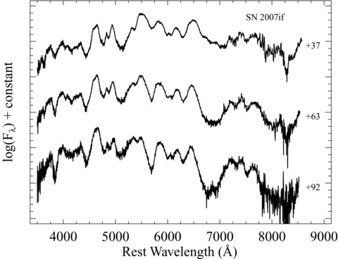 Our spectra of SN 2007if with days relative to maximum light indicated in each case. We have removed the host-galaxy recession velocity (cz = 22 200 ± 250 km s−1, Scalzo et al. 2010).