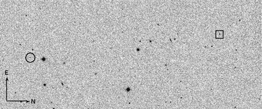 A UKIDSS J-band finder chart showing the position of the T dwarf (square) and the WD (circle), the scale of the image is 8 × 3.5 arcmin2.