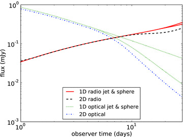 Direct comparison between spherical explosion, a hard-edged jet of half-opening angle 20° and a 2D simulation starting at half-opening angle of 20°. Light curves are shown for two frequencies: 1.4 × 109 Hz (radio) and 5 × 1014 Hz (optical). Cooling effects are ignored. In the optical, the light curve from the 2D simulation results in a steeper break around the same time, while in the radio the jet break also occurs earlier than for the hard-edged jet model.