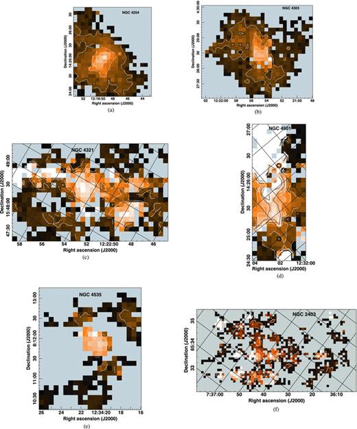 CO J = 3–2 velocity dispersion for five galaxies which are members of the Virgo cluster and NGC 2403, which is the closest galaxy in our sample. Colour scale runs from 0 (black) to 50 km s−1 (white) and contour levels are 10, 20, 30, 40 and 50 km s−1 unless otherwise noted. (a) NGC 4254. (b) NGC 4303. (c) NGC 4321. (d) NGC 4501. Contour levels are 10, 20, … , 60 km s−1 and the colour scale peak is 65 km s−1. (e) NGC 4535. (f) NGC 2403. Contour levels are 5, 10 and 15 km s−1 and the colour scale peak is 25 km s−1.