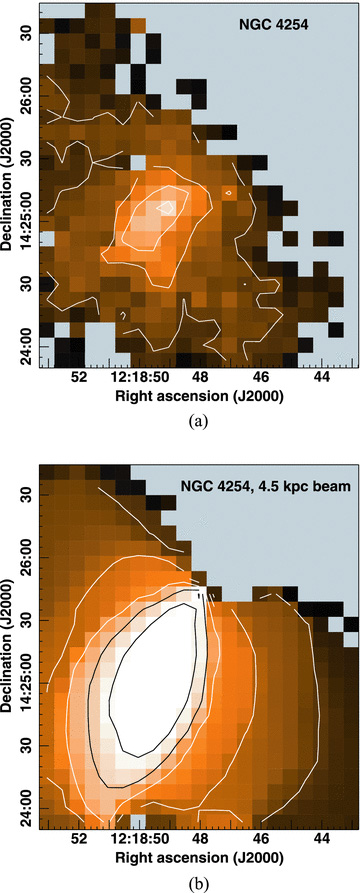 (a) CO J = 3–2 velocity dispersion for NGC 4254 at the native resolution of the JCMT data (14.5 arcsec or 1.15 kpc at a distance of 16.7 Mpc). Colour scale runs from 0 to 60 km s−1 and the contours are 10, 20, 30, 40 and 50 km s−1. (b) CO J = 3–2 velocity dispersion for NGC 4254 smoothed to a resolution of 4.5 kpc (56 arcsec) to match the resolution of observations of disc galaxies at z∼ 1 of Tacconi et al. (2010). Colour scale and contours are the same as in (a).