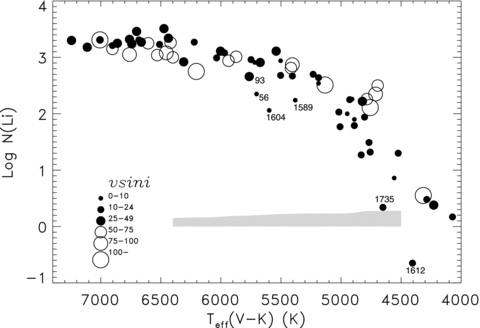 The effective temperature versus Li abundance relation for α Per. The projected rotational velocity (v sin i) of the stars is represented as in the legend. The shaded strip at the bottom of the figure shows the Li abundance spread resulting from an effective temperature uncertainty of 200 K. Several stars are labelled by the membership number for easy reference.