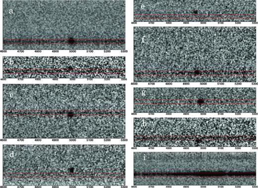 Close-up around 5000 Å of the final two-dimensional spectra taken with VLT/VIMOS. The dotted lines in each panel show 5 pixels (1.0 arcsec) centring around the NB359 source position along the slitlet. North is up.