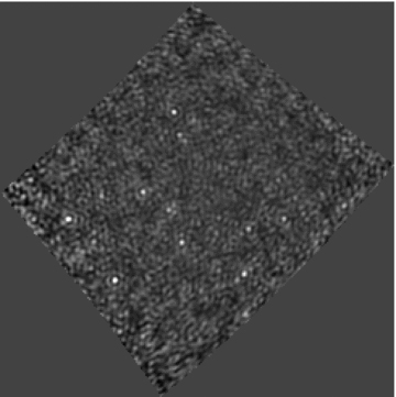 Residual image, with the four brightest sources subtracted, after three iterations. The black and white scale runs between −2 and 5 Jy beam−1. Seven new sources are visible.
