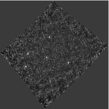 Residual image, with the eleven brightest sources subtracted, after three iterations. The black and white scale runs between −1 and 3 Jy beam−1. Five new sources are visible.